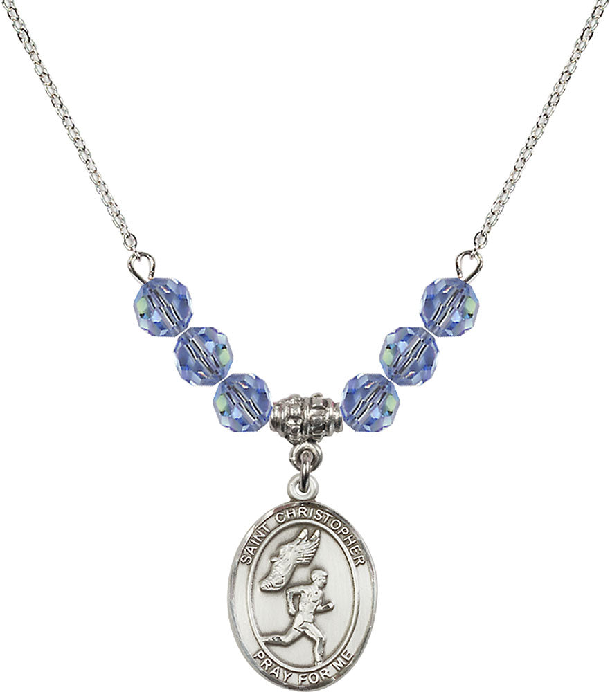 Sterling Silver Saint Christopher/Track&Field-Men Birthstone Necklace with Light Sapphire Beads - 8509