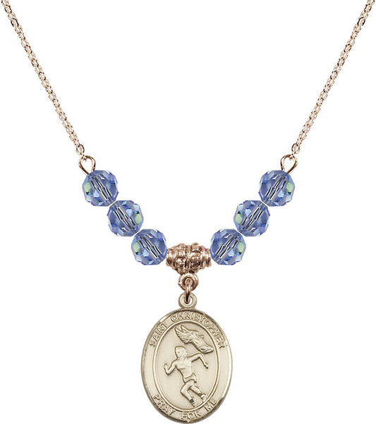 14kt Gold Filled Saint Christopher/Track&Field-Women Birthstone Necklace with Light Sapphire Beads - 8510