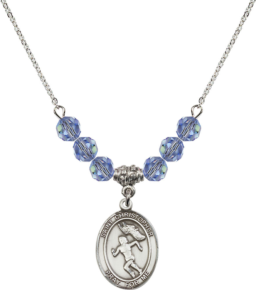 Sterling Silver Saint Christopher/Track&Field-Women Birthstone Necklace with Light Sapphire Beads - 8510