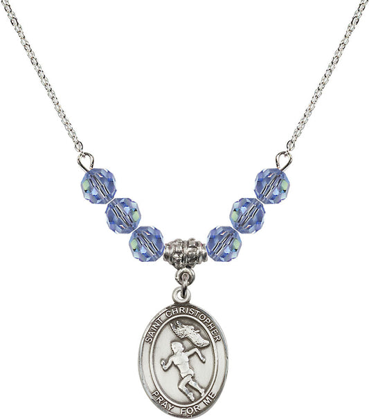 Sterling Silver Saint Christopher/Track&Field-Women Birthstone Necklace with Light Sapphire Beads - 8510