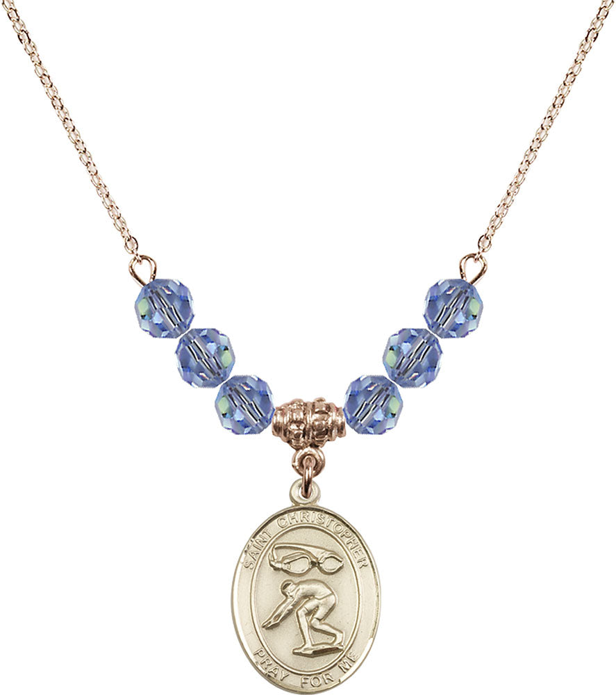 14kt Gold Filled Saint Christopher/Swimming Birthstone Necklace with Light Sapphire Beads - 8511