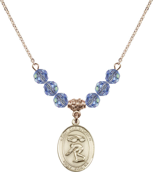 14kt Gold Filled Saint Christopher/Swimming Birthstone Necklace with Light Sapphire Beads - 8511