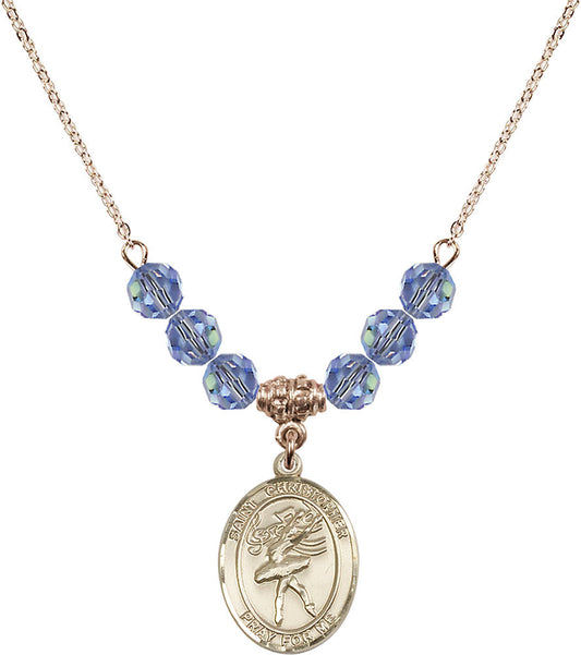 14kt Gold Filled Saint Christopher/Dance Birthstone Necklace with Light Sapphire Beads - 8512