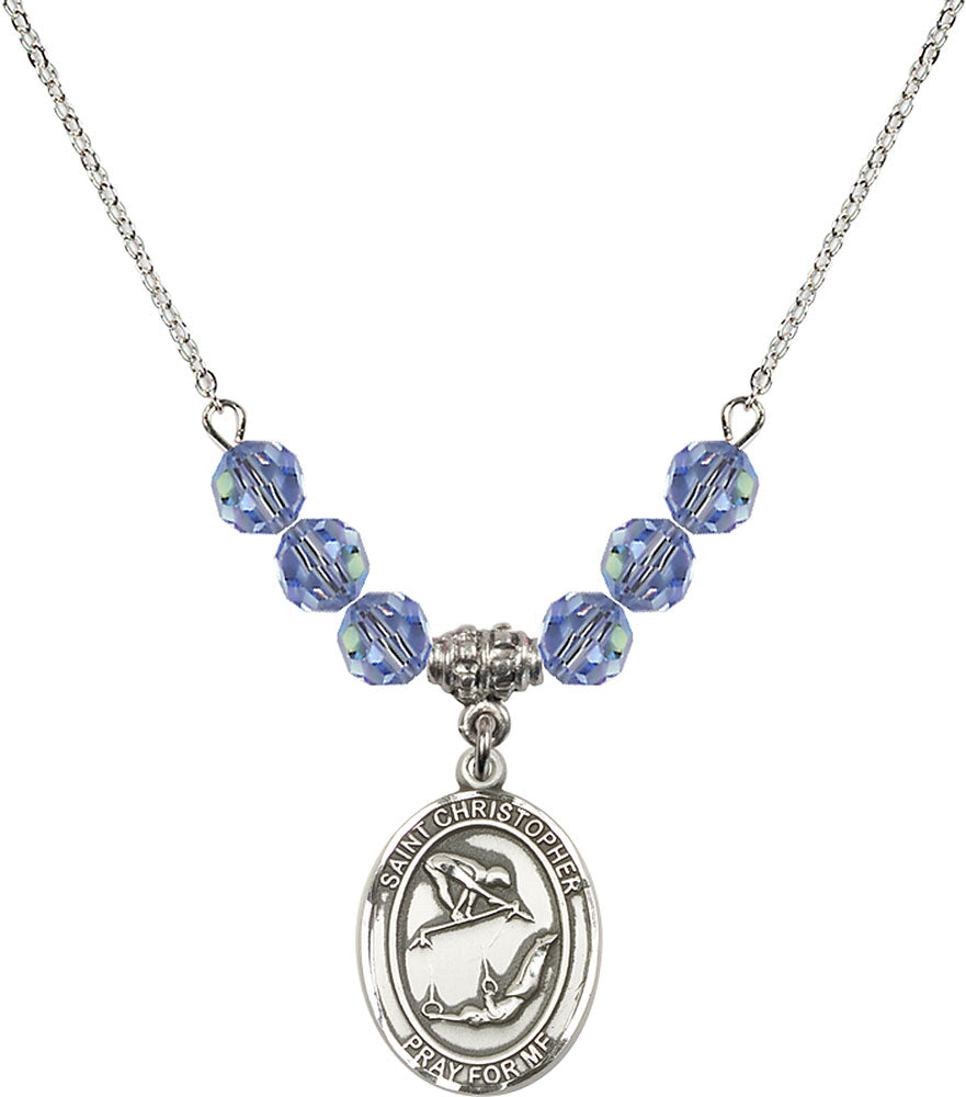 Sterling Silver Saint Christopher/Gymnastics Birthstone Necklace with Light Sapphire Beads - 8513