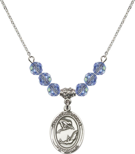 Sterling Silver Saint Christopher/Gymnastics Birthstone Necklace with Light Sapphire Beads - 8513