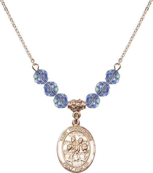 14kt Gold Filled Saint Christopher / Choir Birthstone Necklace with Light Sapphire Beads - 8514