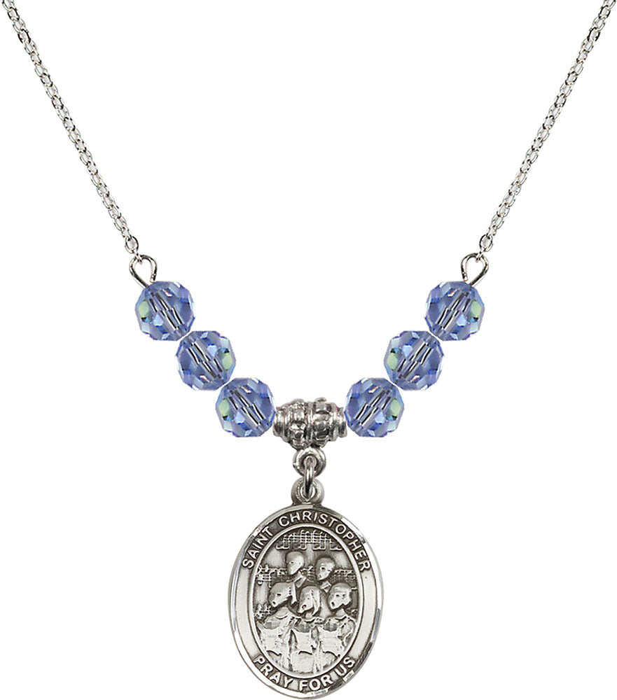 Sterling Silver Saint Christopher / Choir Birthstone Necklace with Light Sapphire Beads - 8514