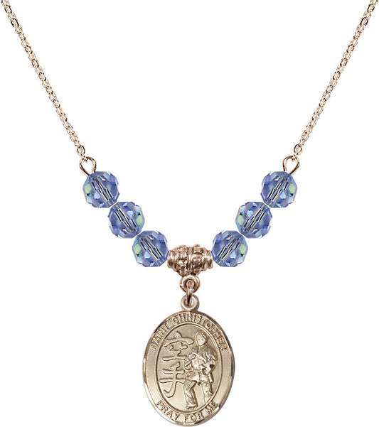 14kt Gold Filled Saint Christopher / Karate Birthstone Necklace with Light Sapphire Beads - 8515