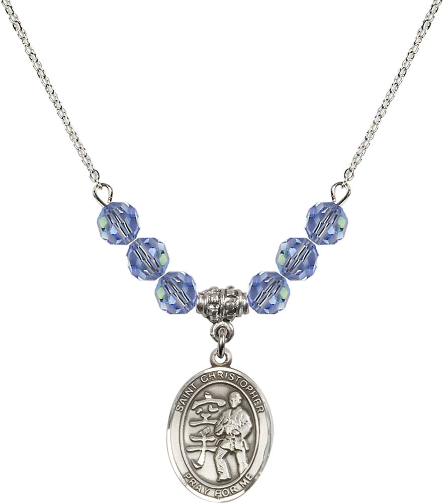 Sterling Silver Saint Christopher / Karate Birthstone Necklace with Light Sapphire Beads - 8515