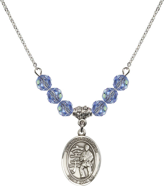 Sterling Silver Saint Christopher / Karate Birthstone Necklace with Light Sapphire Beads - 8515