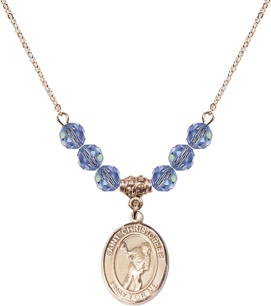 14kt Gold Filled Saint Christopher/Lacrosse Birthstone Necklace with Light Sapphire Beads - 8516
