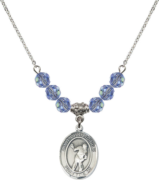 Sterling Silver Saint Christopher/Lacrosse Birthstone Necklace with Light Sapphire Beads - 8516