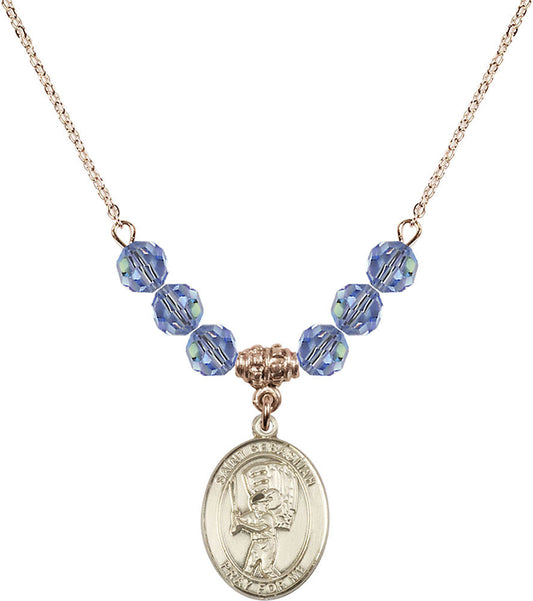 14kt Gold Filled Saint Sebastian / Baseball Birthstone Necklace with Light Sapphire Beads - 8600
