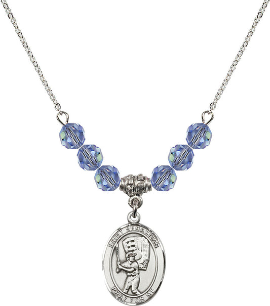 Sterling Silver Saint Sebastian / Baseball Birthstone Necklace with Light Sapphire Beads - 8600