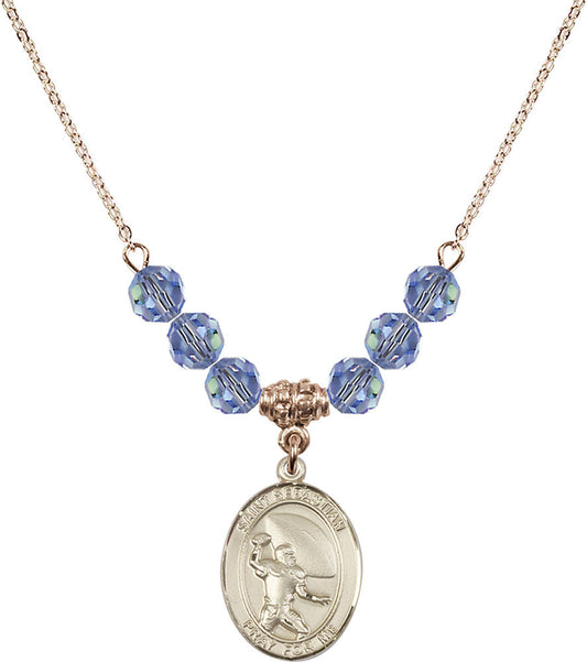 14kt Gold Filled Saint Sebastian / Football Birthstone Necklace with Light Sapphire Beads - 8601