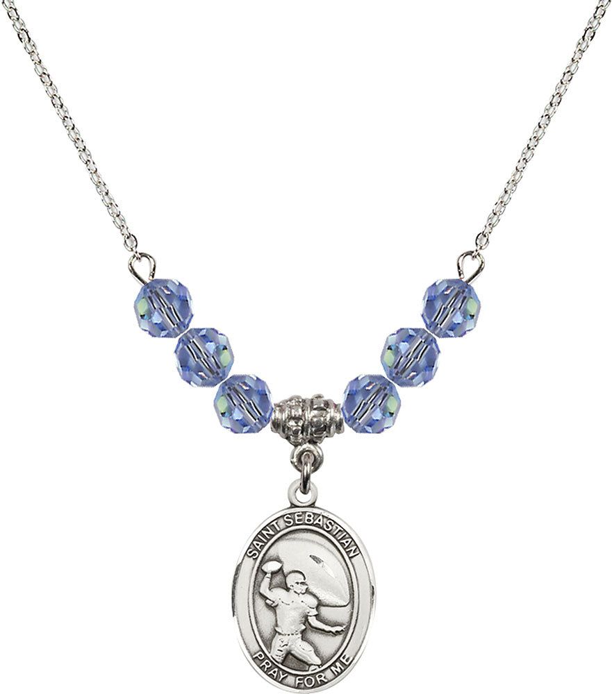 Sterling Silver Saint Sebastian / Football Birthstone Necklace with Light Sapphire Beads - 8601