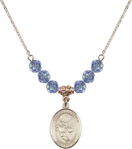 14kt Gold Filled Saint Sebastian/Basketball Birthstone Necklace with Light Sapphire Beads - 8602