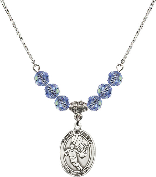 Sterling Silver Saint Sebastian/Basketball Birthstone Necklace with Light Sapphire Beads - 8602