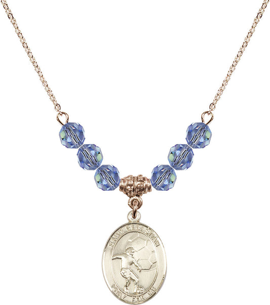 14kt Gold Filled Saint Sebastian / Soccer Birthstone Necklace with Light Sapphire Beads - 8603