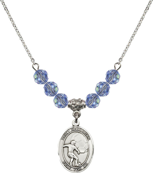 Sterling Silver Saint Sebastian / Soccer Birthstone Necklace with Light Sapphire Beads - 8603