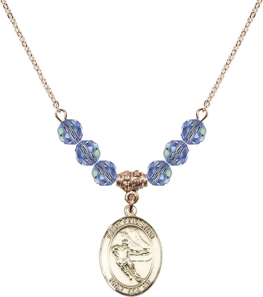 14kt Gold Filled Saint Sebastian / Hockey Birthstone Necklace with Light Sapphire Beads - 8604