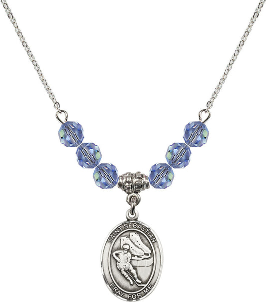 Sterling Silver Saint Sebastian / Hockey Birthstone Necklace with Light Sapphire Beads - 8604