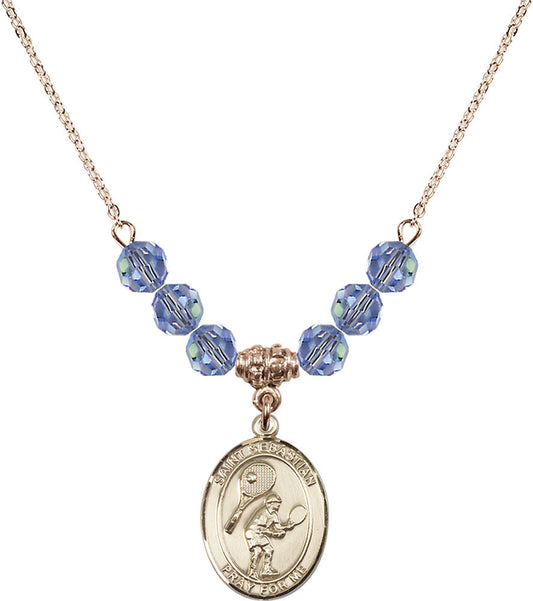 14kt Gold Filled Saint Sebastian / Tennis Birthstone Necklace with Light Sapphire Beads - 8605