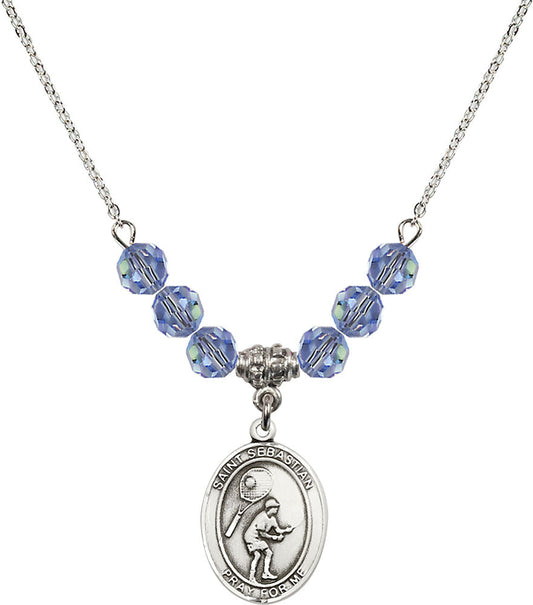 Sterling Silver Saint Sebastian / Tennis Birthstone Necklace with Light Sapphire Beads - 8605