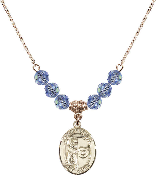 14kt Gold Filled Saint Sebastian / Golf Birthstone Necklace with Light Sapphire Beads - 8606