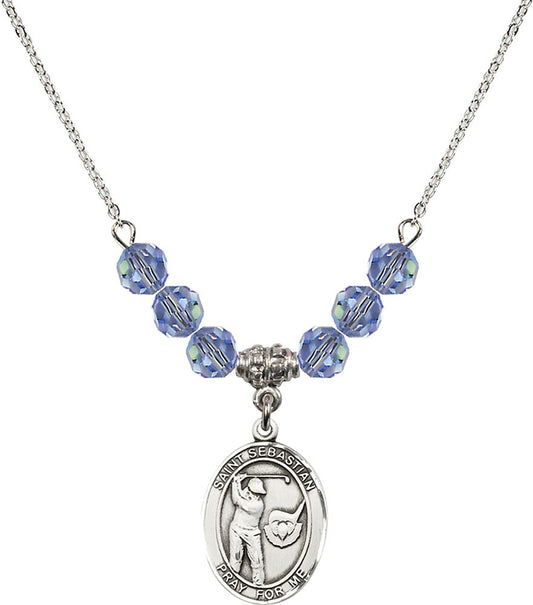Sterling Silver Saint Sebastian / Golf Birthstone Necklace with Light Sapphire Beads - 8606