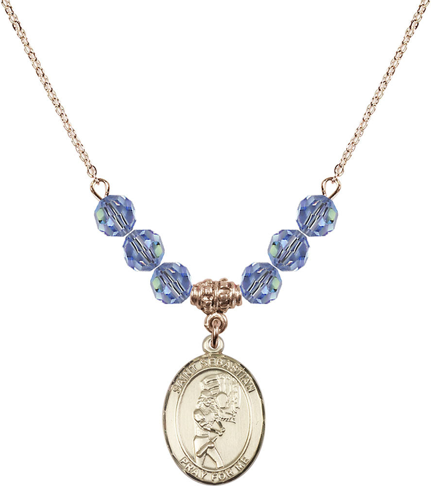 14kt Gold Filled Saint Sebastian/Softball Birthstone Necklace with Light Sapphire Beads - 8607