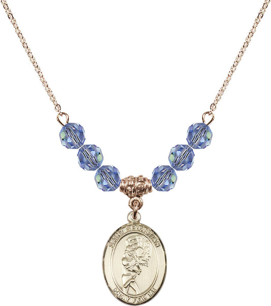 14kt Gold Filled Saint Sebastian/Softball Birthstone Necklace with Light Sapphire Beads - 8607