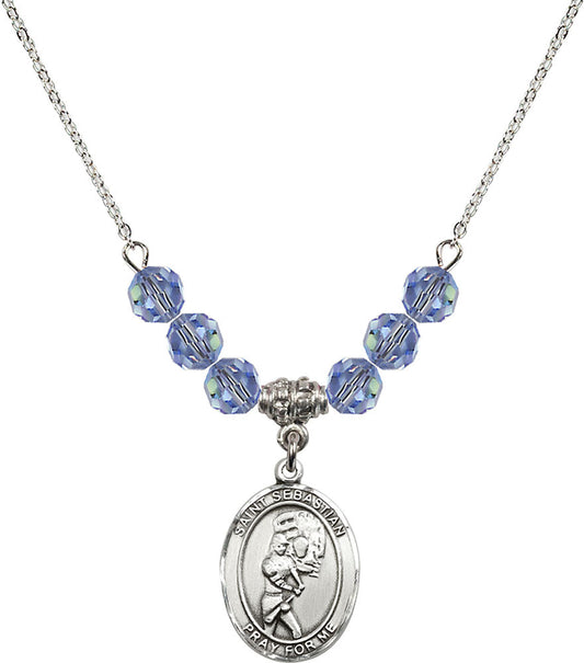 Sterling Silver Saint Sebastian/Softball Birthstone Necklace with Light Sapphire Beads - 8607