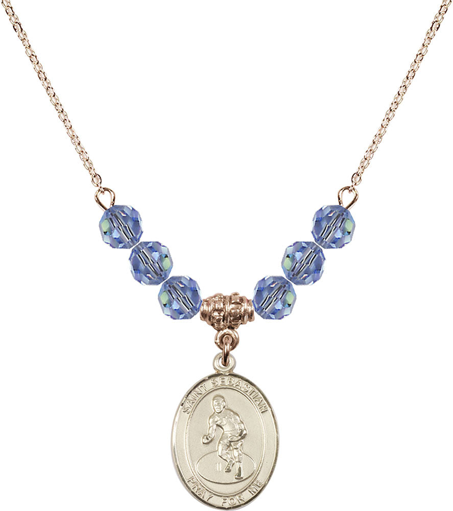 14kt Gold Filled Saint Sebastian/Wrestling Birthstone Necklace with Light Sapphire Beads - 8608