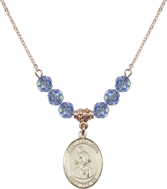 14kt Gold Filled Saint Sebastian/Wrestling Birthstone Necklace with Light Sapphire Beads - 8608