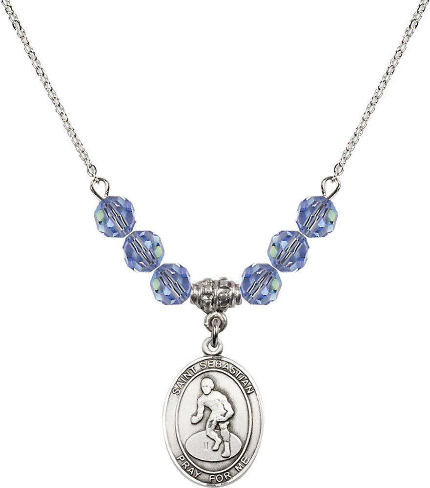 Sterling Silver Saint Sebastian/Wrestling Birthstone Necklace with Light Sapphire Beads - 8608