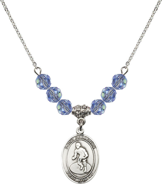 Sterling Silver Saint Sebastian/Wrestling Birthstone Necklace with Light Sapphire Beads - 8608