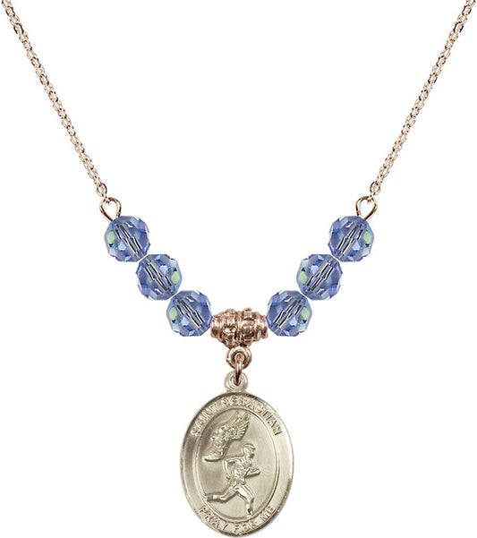14kt Gold Filled Saint Sebastian /Track&Field-Men Birthstone Necklace with Light Sapphire Beads - 8609