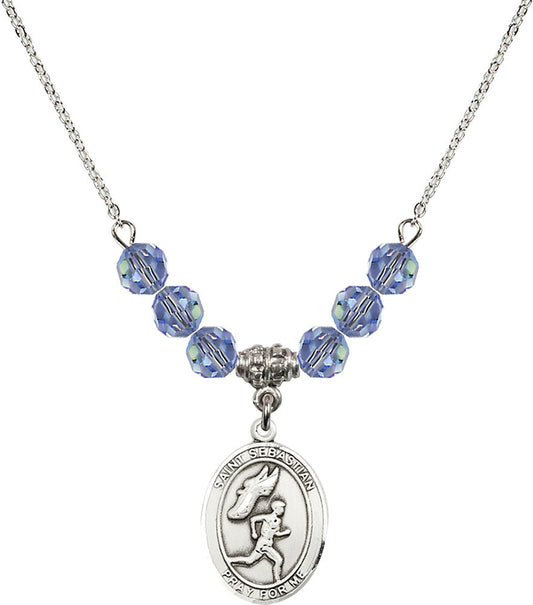 Sterling Silver Saint Sebastian /Track&Field-Men Birthstone Necklace with Light Sapphire Beads - 8609