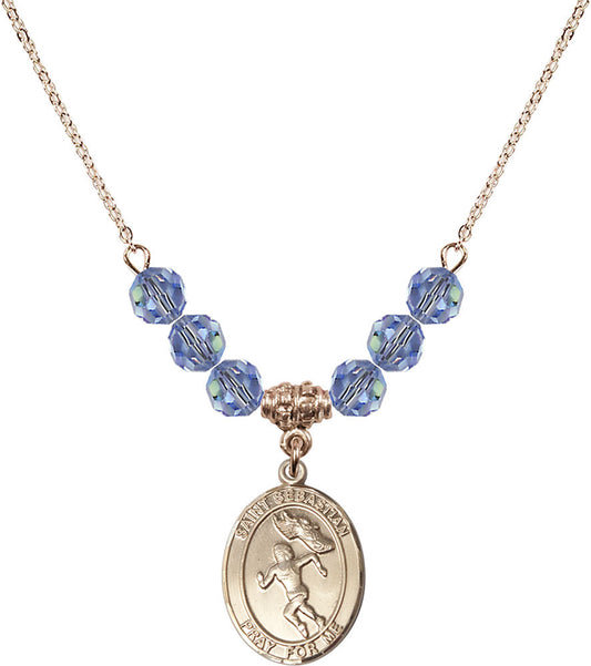 14kt Gold Filled Saint Sebastian /Track&Field-Women Birthstone Necklace with Light Sapphire Beads - 8610