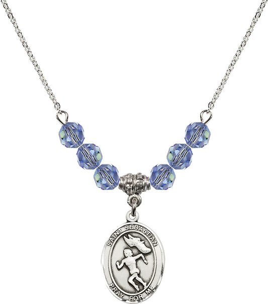Sterling Silver Saint Sebastian /Track&Field-Women Birthstone Necklace with Light Sapphire Beads - 8610