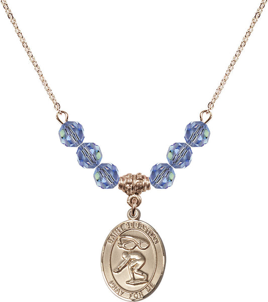 14kt Gold Filled Saint Sebastian/Swimming Birthstone Necklace with Light Sapphire Beads - 8611