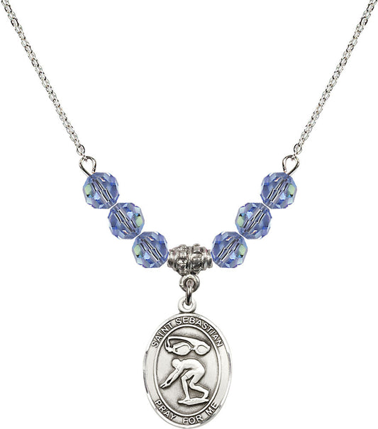 Sterling Silver Saint Sebastian/Swimming Birthstone Necklace with Light Sapphire Beads - 8611