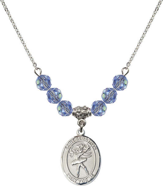 Sterling Silver Saint Sebastian / Dance Birthstone Necklace with Light Sapphire Beads - 8612