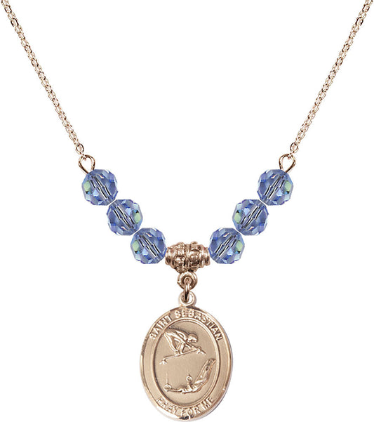 14kt Gold Filled Saint Sebastian/Gymnastics Birthstone Necklace with Light Sapphire Beads - 8613