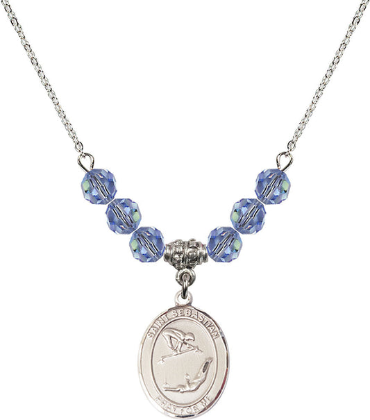 Sterling Silver Saint Sebastian/Gymnastics Birthstone Necklace with Light Sapphire Beads - 8613