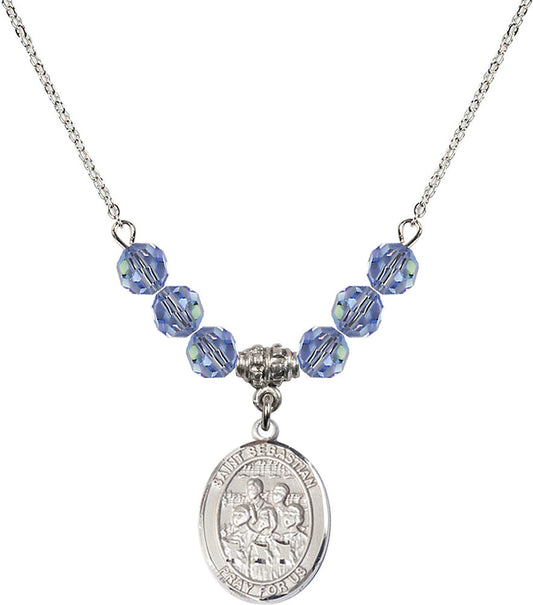 Sterling Silver Saint Sebastian / Choir Birthstone Necklace with Light Sapphire Beads - 8614