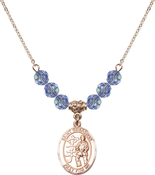 14kt Gold Filled Saint Sebastian/Karate Birthstone Necklace with Light Sapphire Beads - 8615