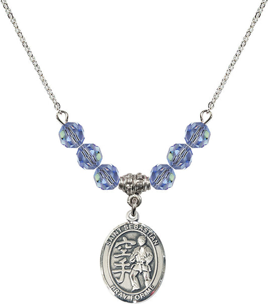 Sterling Silver Saint Sebastian/Karate Birthstone Necklace with Light Sapphire Beads - 8615