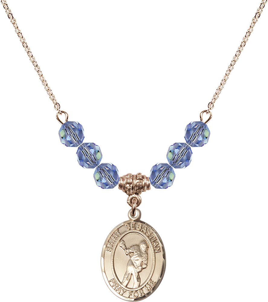 14kt Gold Filled Saint Sebastian/Lacrosse Birthstone Necklace with Light Sapphire Beads - 8616